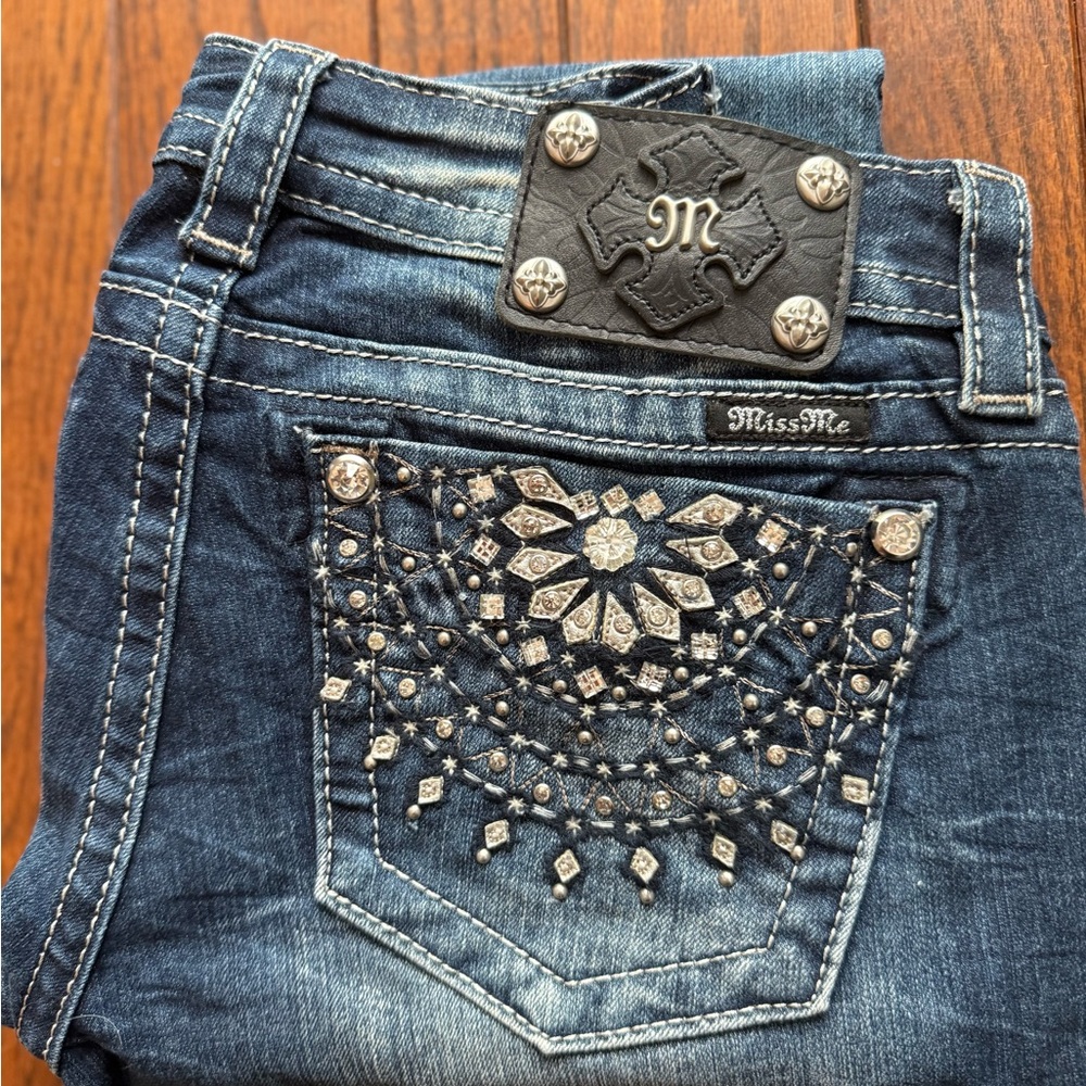 Miss Me Women's Dark Blue Boot Cut Jeans with Silver Embellishments